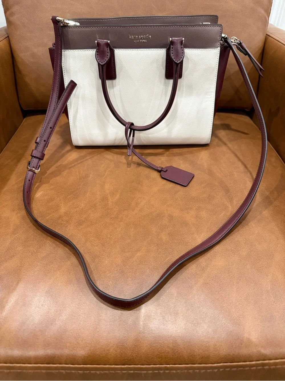 kate spade Cream Canvas and Burgundy Leather Satchel